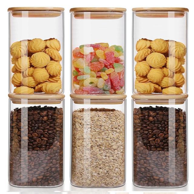 50oz Glass Food Storage Jars Set of 6,Glass Storage Containers Clear Glass Food Canister with Bamboo Lid Airtight For Serving Tea, Coffee, Flour, Sugar, Candy, Cookie, Spice and More (Square)