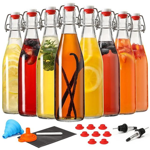 8 Set, 16 OZ Swing Top Glass Bottles - Flip Top Beer Brewing Bottles for 2nd Fermentation, Kombucha, Kefir, Vanilla Extract, Coquito, Liquor, Juice, Tea - Airtight Caps, Bonus 2 Bottle Pourers
