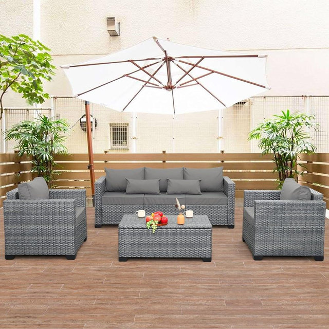 Lviden 4 Piece Wicker Patio Furniture Sets Outdoor Conversation Set PE Rattan Sectional Sofa Couch with Storage Table and Grey Cushions