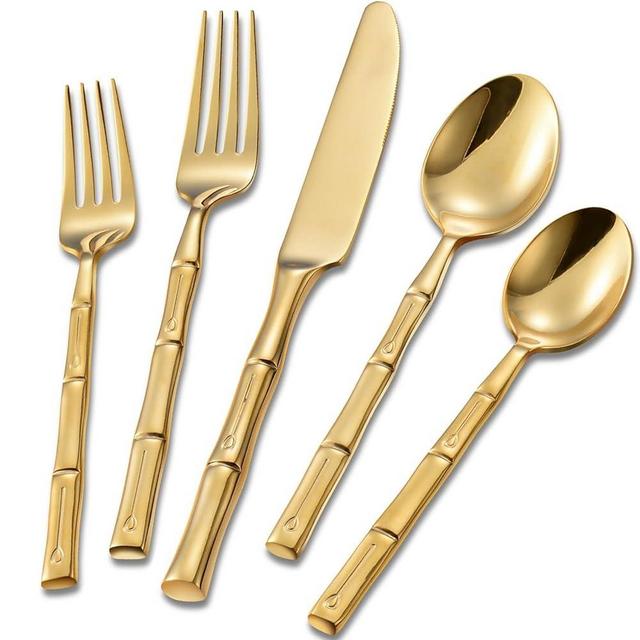 QUEARI Gold 20-Piece Silverware Set, Bamboo Pattern Stainless Steel Flatware Set, Cutlery Set Mirror Polished, Dishwasher Safe, Service for 4
