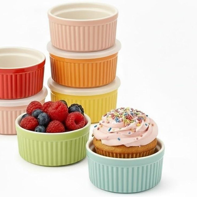 Ceramic Ramekins 8 Oz Set of 6, Oven, Microwave & Dishwasher Safe Porcelain Souffle and Creme Brulee Cups for Custard, Pudding, Dips & Individual Desserts, Thick Wall Heat Resistant Construction Multicolor