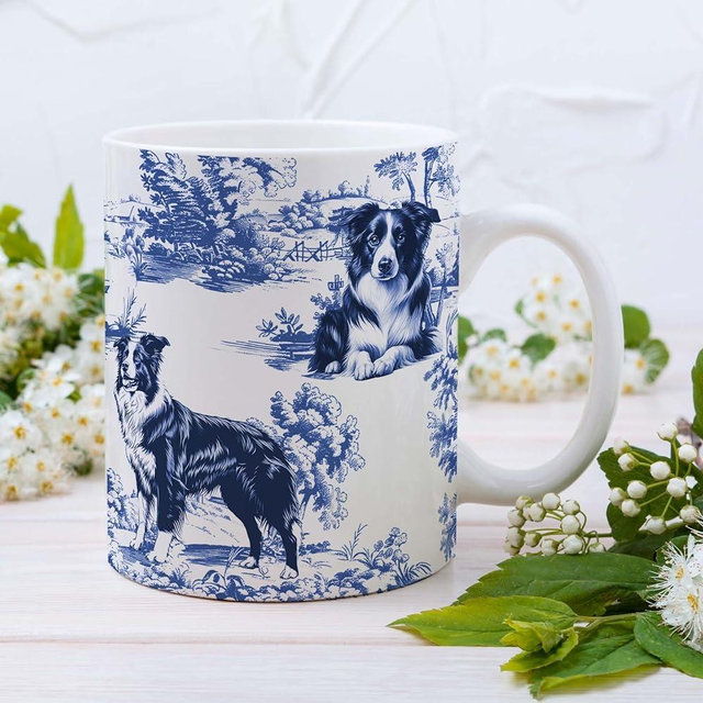 RVEAFA Border Collie Blue French Toile Mug, Border Collie Lover Gifts for Women, Blue Chinoiserie Toile Coffee Cup, Dog Lovers Tea Coffee Mug Birthday Gifts for Dog Owners, 11oz