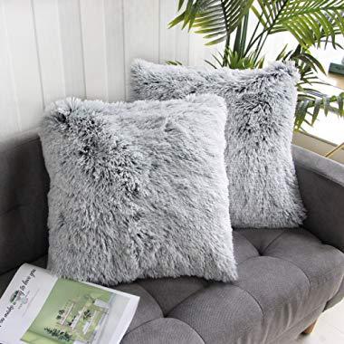 Uhomy 2 Packs Home Decorative Luxury Series Super Soft Faux Fur Throw Pillow Cover Cushion Case for Sofa or Bed Gray Ombre 18x18 Inch 45x45 cm