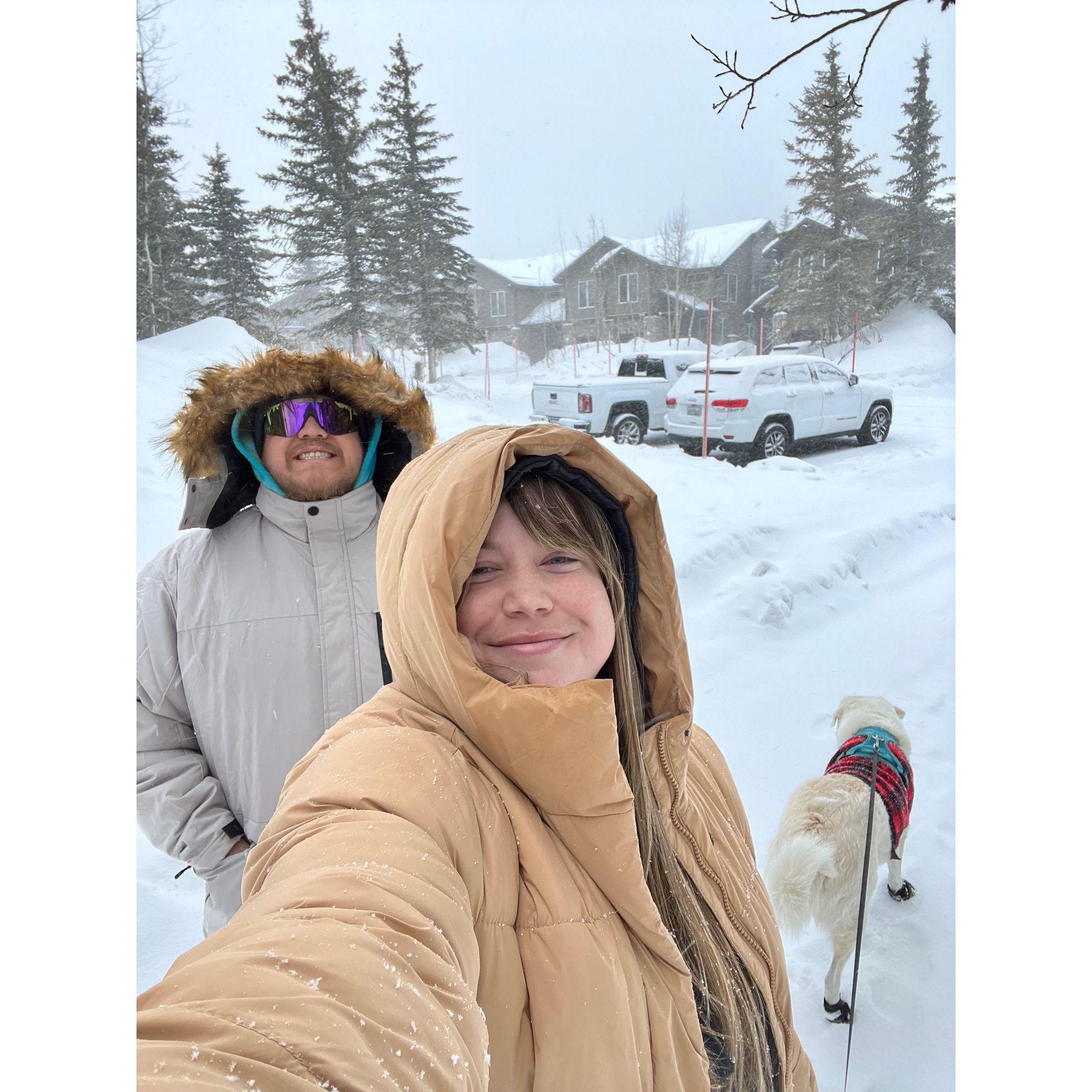 First winter in Mammoth together in 2022. Yes, Kaya needed little booties at first to get used to the snow.
