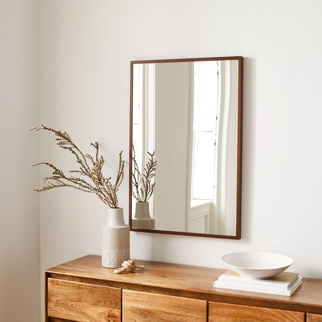 Thin Wood Rectangle Wall Mirror, Dark Walnut, 24"Wx36"H