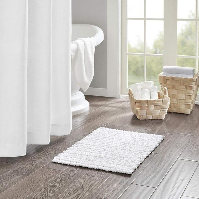 Madison Park Lasso 100% Cotton Chenille Chain Woven Stitch Bathroom Rug - Non Slip - Absorbent, Quick Dry Bath Mat, 17x24, White