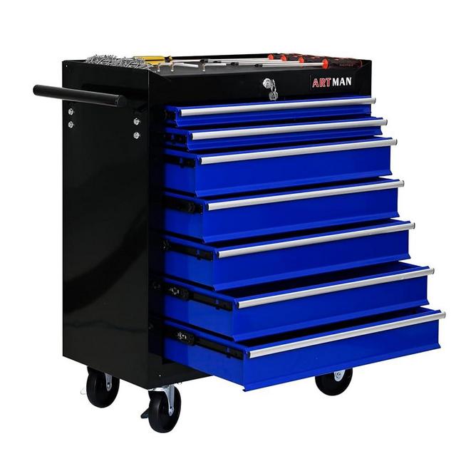 Black+Blue Rolling Tool Chest with 7 Lockable Wheels - Mechanic Tool Storage Organizer Trolley for Garage, Warehouse
