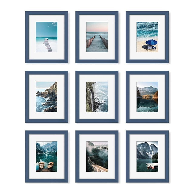 YESKAY 8x10 Picture Frame Set of 9, Display Pictures 5x7 with Mat or 8 x 10 Without Mat, Multi Photo Frames for Wall Mounting or Table Top Display, Blue