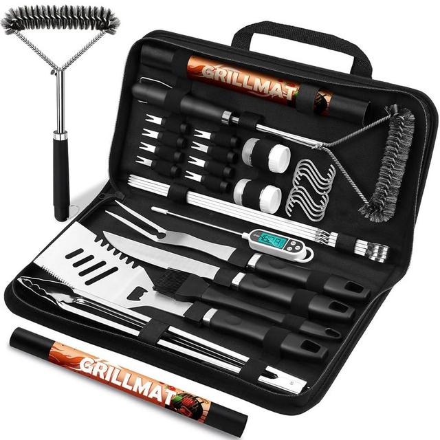 RINPIR 31pcs Stainless Steel BBQ Grill Accessories Set for Men Dad, Heavy Duty Grilling Tools for Outdoor Camping, BBQ Utensils Kit with Mats, Grill Brush in Carrying Bag Black