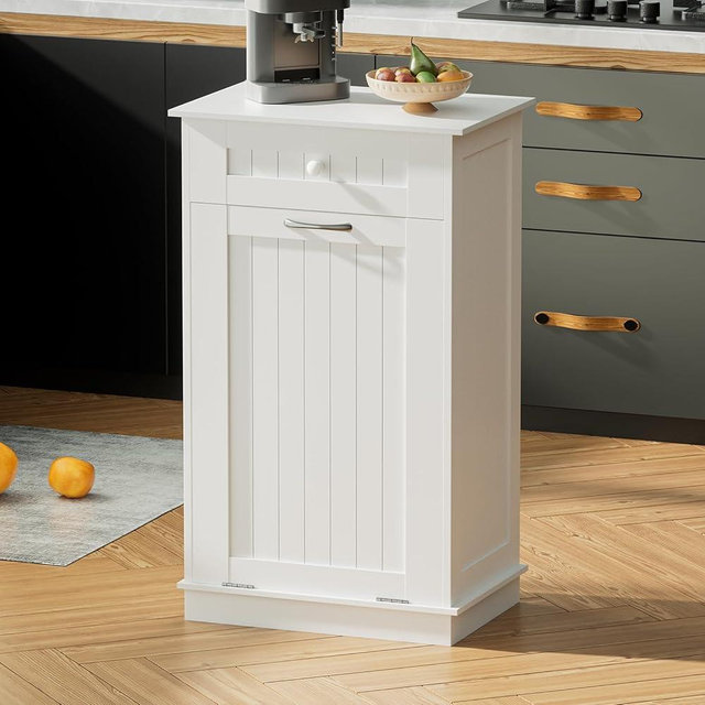 Visionwards Wooden Tilt Out Trash Can Cabinet, 10 Gallon Dog Proof Garbage Can Holder, Kitchen Island with Laundry Hamper, White