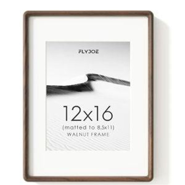 FLYJOE 12x16 Picture Frame, Natural Solid Walnut Wood Photo Frame with HD Tempered Glass, Rounded Corner Wooden Frame 12 x 16 Matted to 8.5x11, Horizontal or Vertical Wall Mounting