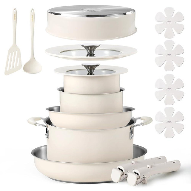 CAROTE 16Pcs Stainless Steel Cookware Set With Detachable/Removeble Handle Set, Space Saving Pots and Pans Set, RV Camping Set, Outer Ceramic Layer Nonstick, Dishwasher/Oven Safe, Kitchen Cooking Set