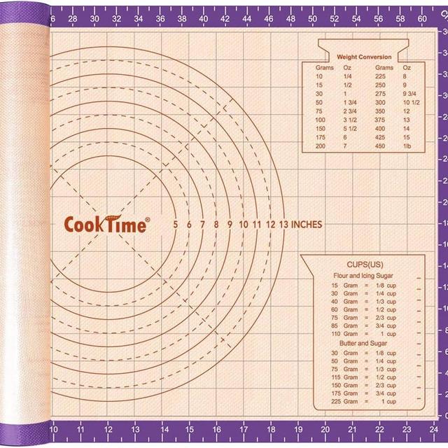 Silicone Pastry Baking Mat Non Stick-Large Rolling Dough with Measurements-Non Slip Pizza,Fondant,Pie,Cake Baking Mat - 26 x 16 Inch By Cook Time(Purple)