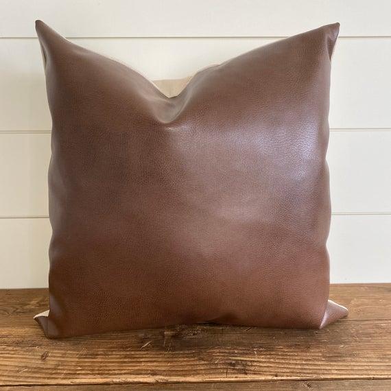 16 x 16 Harlow Leather Pillow Cover- Leather Pillow - Faux Leather Pillow - Dark Leather pillow - Brown Leather pillow - Lumbar Pillow - Neutral
