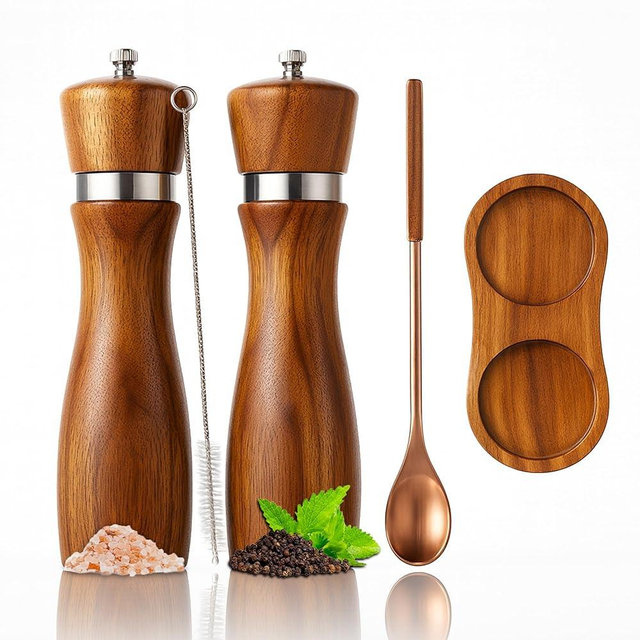 Premium Acacia Wood Salt & Pepper Grinder Set, 8-Inch Manual Mills with Adjustable Coarseness, Ceramic Core, Matching Tray, Spoon & Cleaning Brush – 2 Pack