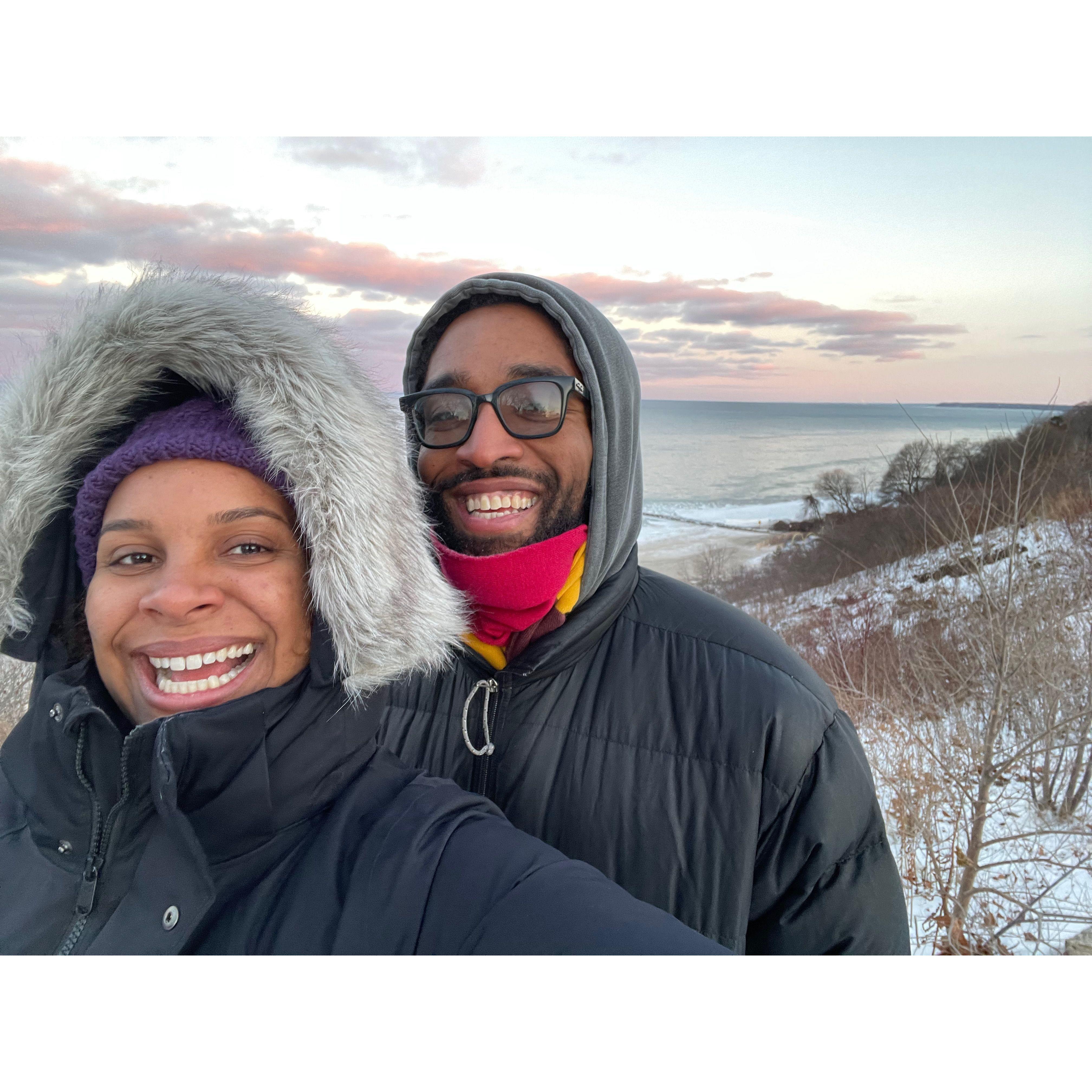 Breathing in the crisp, cold Wisconsin air while watching the sunrise over Lake Michigan on our daily morning walks.