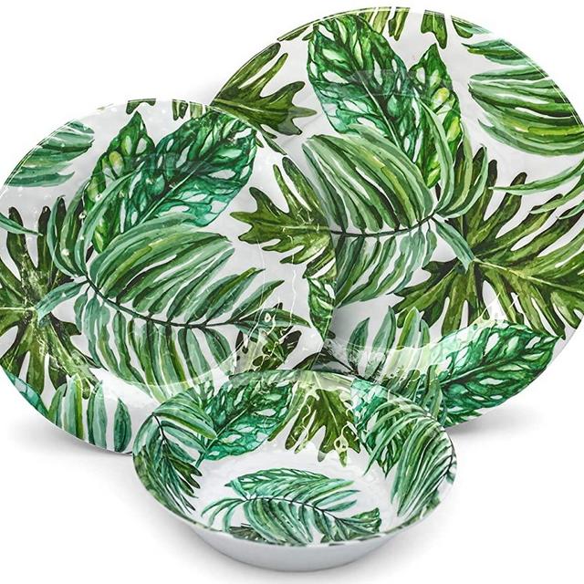 Melamine Dinnerware Set Melamine Plates | 12 Pcs Outdoor Plates Summer Plates and Bowls Sets Dinnerware Melamine Plates Ideal Camping Dish Set Dinnerware Set for 4 Dishwasher Safe (California Palm)