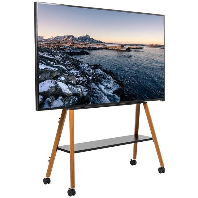 VIVO Rolling Artistic Easel 49 to 75 inch LED LCD Screen Mobile Studio TV Display Stand, Wood Accessory Shelf, Adjustable TV Mount with 4 Dark Walnut Legs, Black Frame, STAND-TV75R