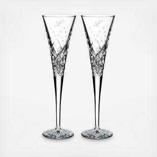 Wishes Happy Celebrations Script Letter Champagne Toasting Flute, Set of 2