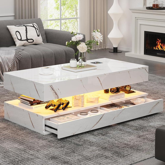 Buenhomino 47" Modern LED Coffee Table with 2 Drawers, High Glossy Double-Layer Center Table with Wireless Charging and Built-in Bluetooth Speaker Smart Table for Living Room with Marbling White