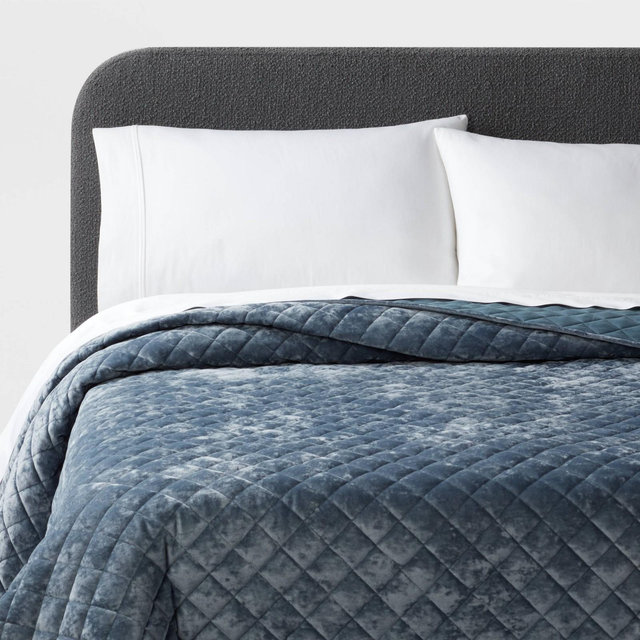 King Luxe Diamond Stitch Velvet Quilt Slate Blue - Threshold™