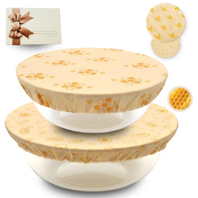 Beeswax Bowl Covers 2-Pack [10 & 12 Inch] - Reusable Shower Cap Covers for Sourdough Bread Proofing, Elastic & Natural Food-Grade Lids for Mixing Bowls