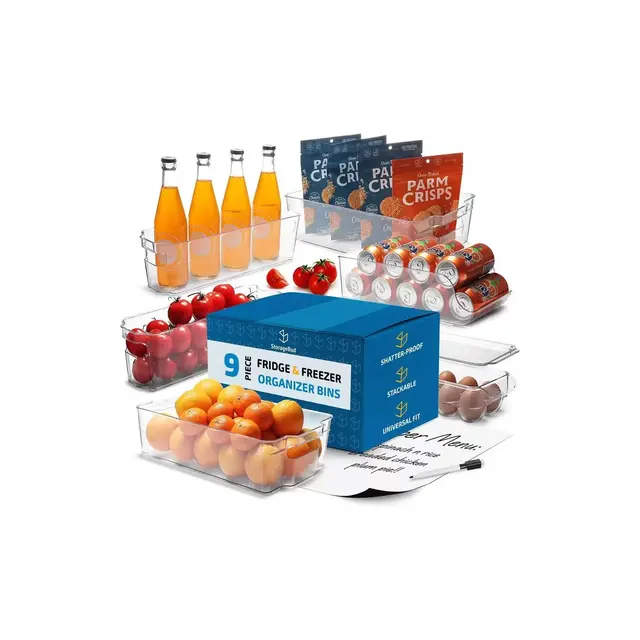 StorageBud Clear Fridge Organizer Bins, 9 Piece Fridge & Freezer Bin Set