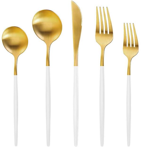Gold Silverware Set for 8, MIKIWAY Matte Gold With White Handle Flatware Set, 40 Pieces Stainless Steel Cutlery Tableware Set, Kitchen Utensils Set Include Spoons And Forks Set, Dishwasher Safe