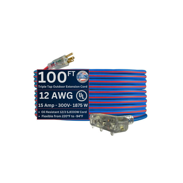US Wire & Cable 12/3 Gauge x 100Ft Extreme Cold Weather Tri Tap Extension Cord