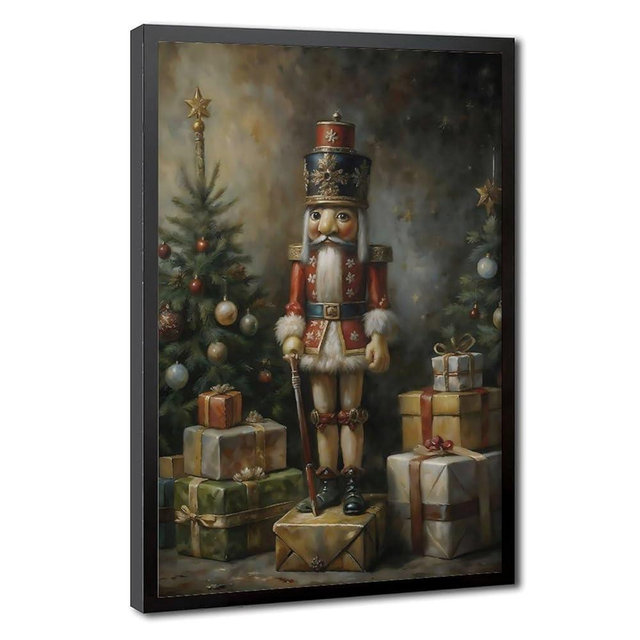 YFET Wooden Nutcracker Toy Vintage Christmas Wall Art Prints Canvas Posters Pink Watercolor Painting Pictures for Winter Xmas Home Office Gallery Party Decor Hangable Black Frame 20x30in(50x75cm)