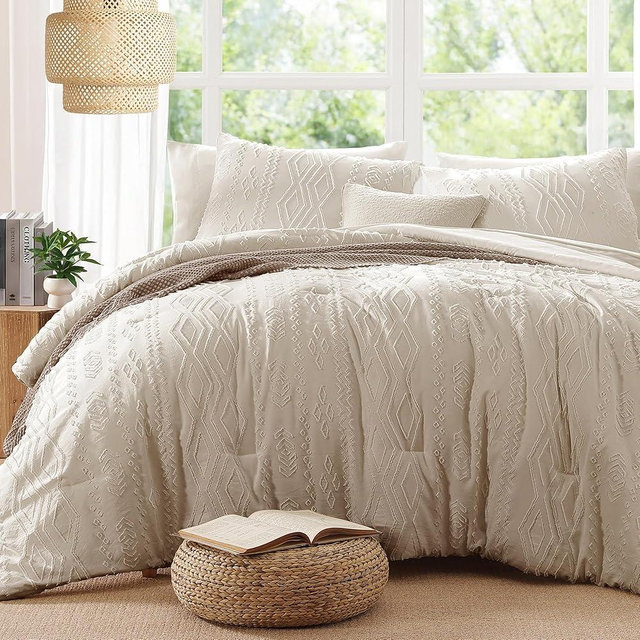 AMBERSPACE Oversized King Size Comforter Set Beige, Tufted Farmhouse Bedding Boho Bed Set, All Season 7 Pieces Bed in a Bag with Sheets, Pillowcases & Shams