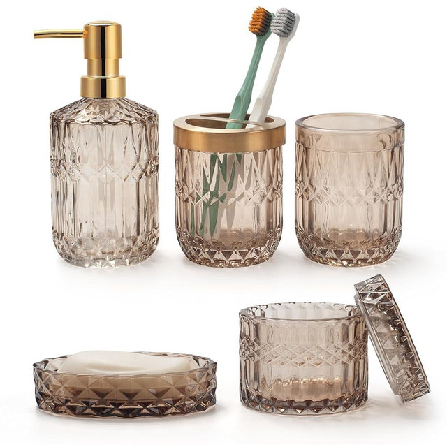 IVAILEX 5PCS Amber Brown Glass Bathroom Accessories Sets of Lotion Dispenser, Soap Dish, Toothbrush Holder, Tumbler, Cotton Swab Jars, Modern Bath Decor, Vintage Gift