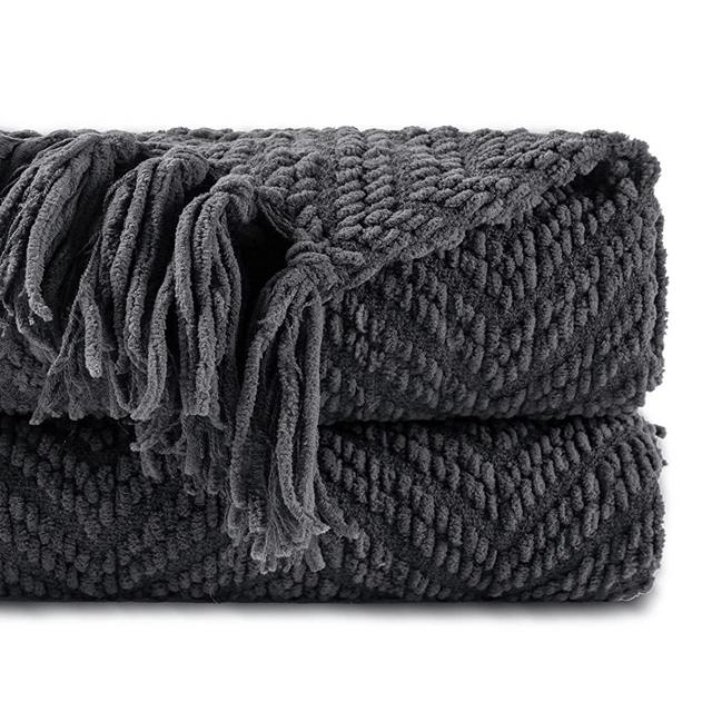 BATTILO HOME Grey Throw Blanket for Couch, Knit Woven Blanket Versatile for Chair, 56 x 96 Inch - Super Soft Warm Decorative Blanket with Tassels for Bed, Sofa and Living Room