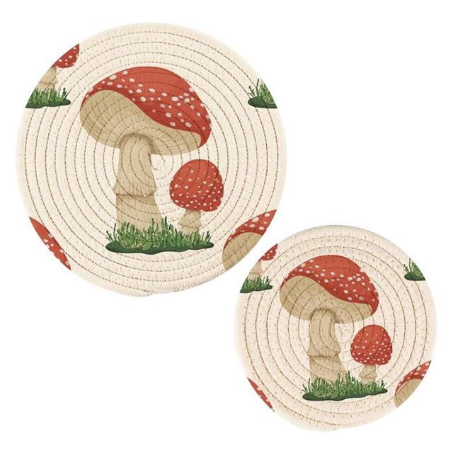 Kigai Vintage Multicolor Pattern in Turkish Style Round Cotton Trivets Pot Holders, Hot Pads Pure Cotton Stylish Coasters for Boho, Farmhouse, Kitchen Decor - 2pcs (Mushroom)