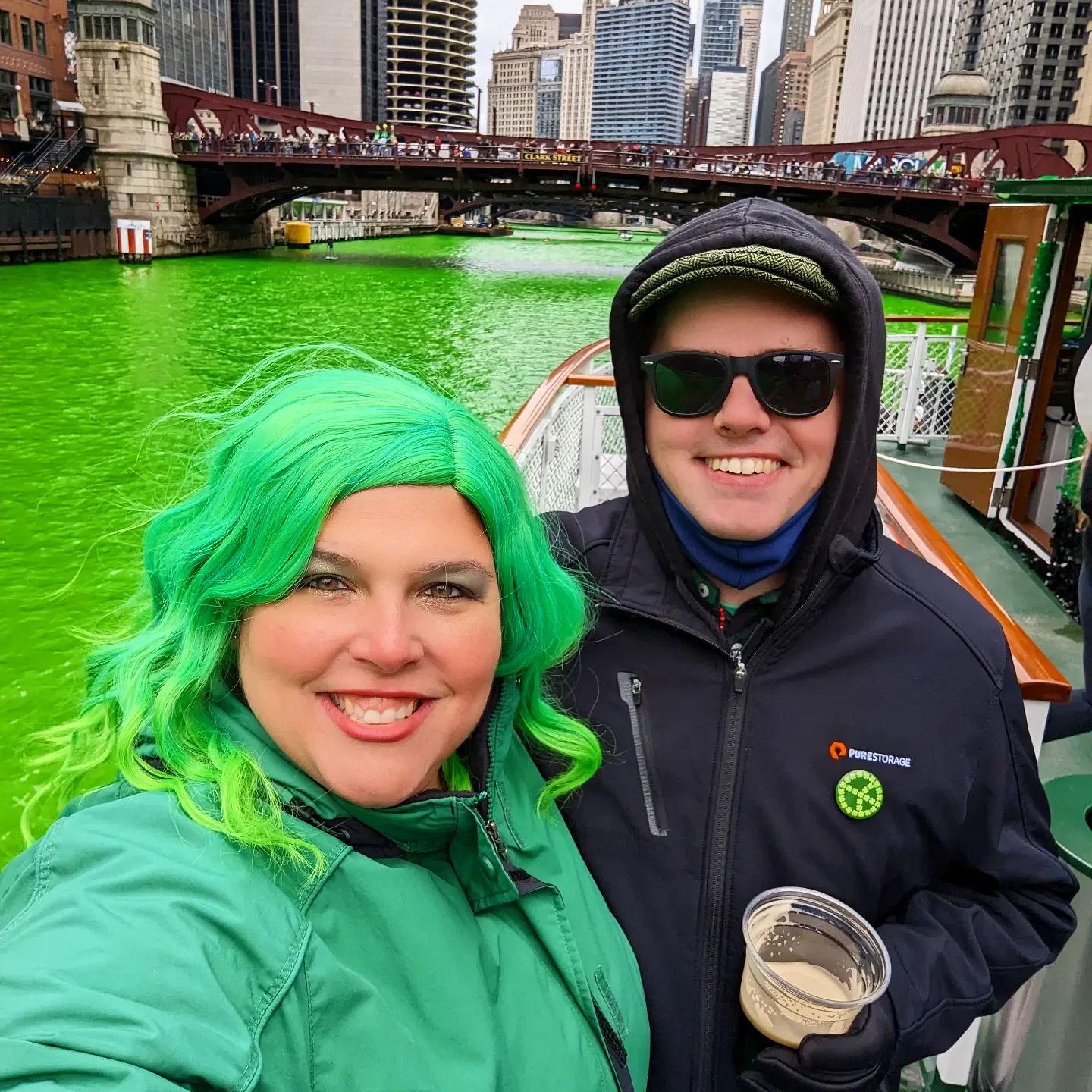 Dying the river green for St. Patrick's Day on our Chicago trip