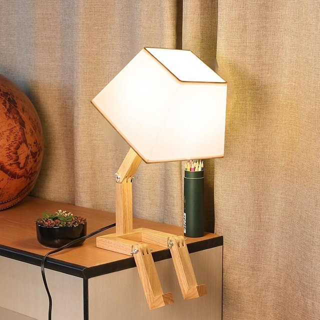 MUMENG Cute Desk Lamp, Dimmable Robot Table Lamps, Wood Bedside Lamps Nightstand Lamp for Bedroom, Study, Office, Living Room