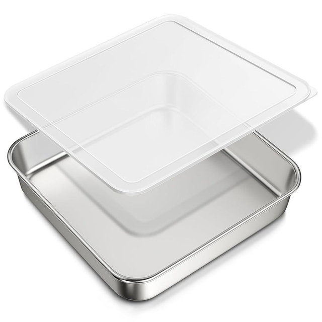 8 x 8-Inch Baking Pan with lid, 304 Stainless Steel Square Cake Pan, Commercial Grade Bakeware for Cakes Brownies Casseroles, Thicker Rectangle Sheet Cake Pans, Non-toxic & Heavy Duty &Dishwasher Safe