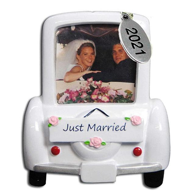 Our First Christmas Ornament 2021 Wedding Car Picture Frame Ornament with Bride and Groom - Easy to Personalize - Comes in an Organza Gift Bag
