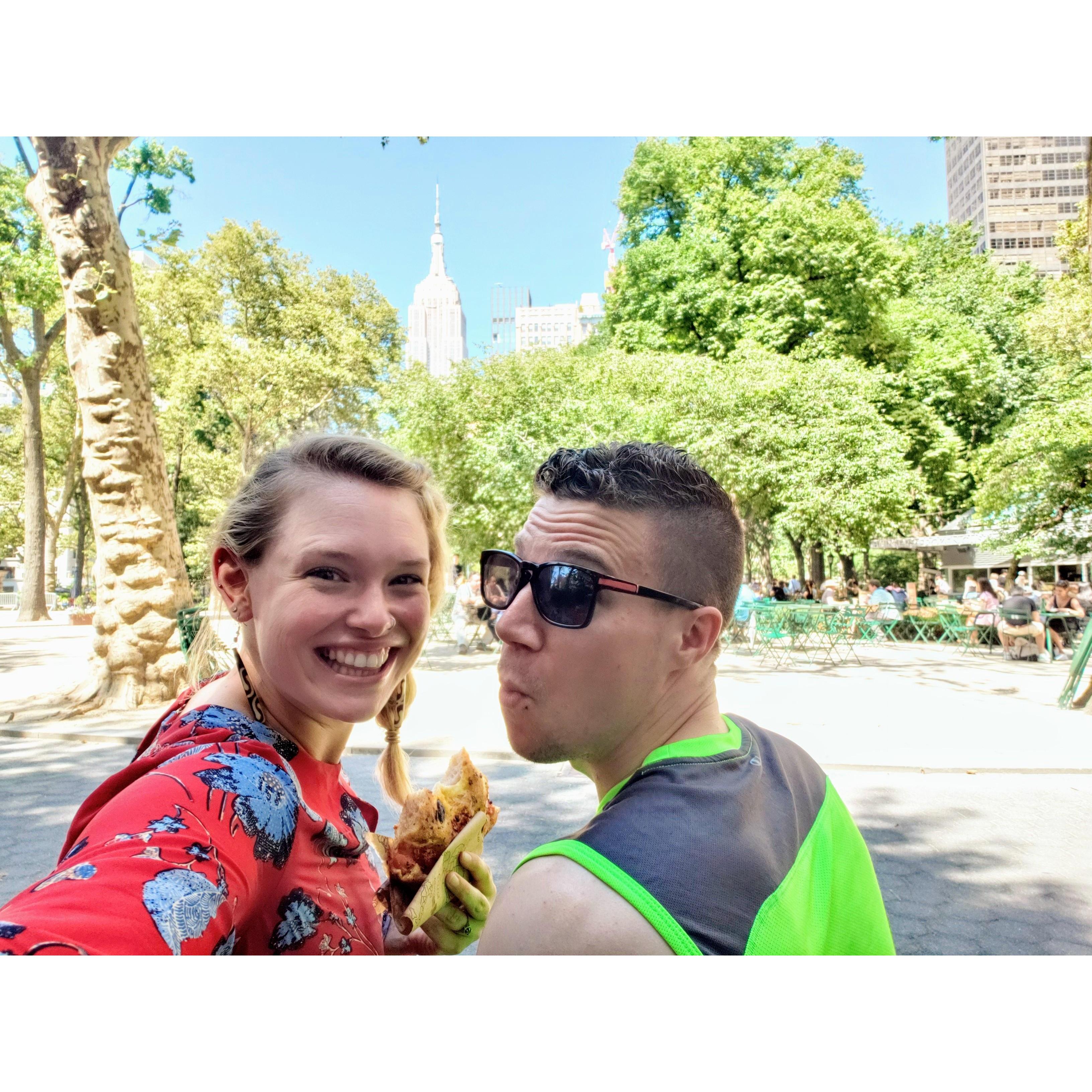 Enjoying some focaccia in Madison Square Park, summer 2019