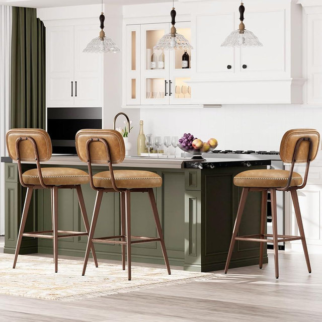 MALOL Swivel Bar Stools Set of 3, Mid Century PU Leather Counter Height Bar Chairs with Low Back and Metal Legs, Modern Bar Stool Chair for Kitchen Island, Brown