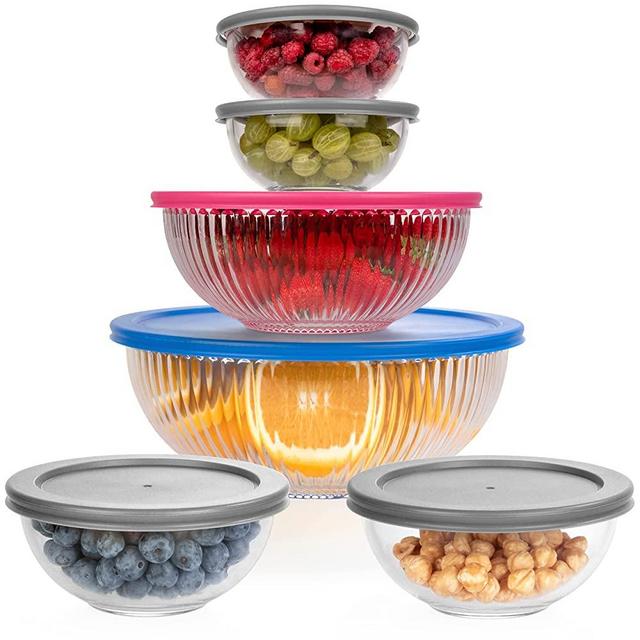 Glass Mixing Bowls - Nesting Bowls - Cute Collapsible Glass Bowls With Lids Food Storage - 6 Stackable Microwave Safe Glass Containers - Glass Salad Mixing Bowls - Baking Glass Bowls Set For Kitchen