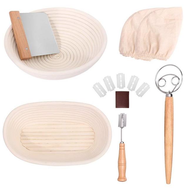 Bread Banneton Proofing Basket Set, 10 Inch Round & 9.6 Inch Oval Bread Proofing Basket Natural Rattan Banneton for Sourdough with Dough Whisk + Dough Scraper + Bread Lame + Cloth Liner