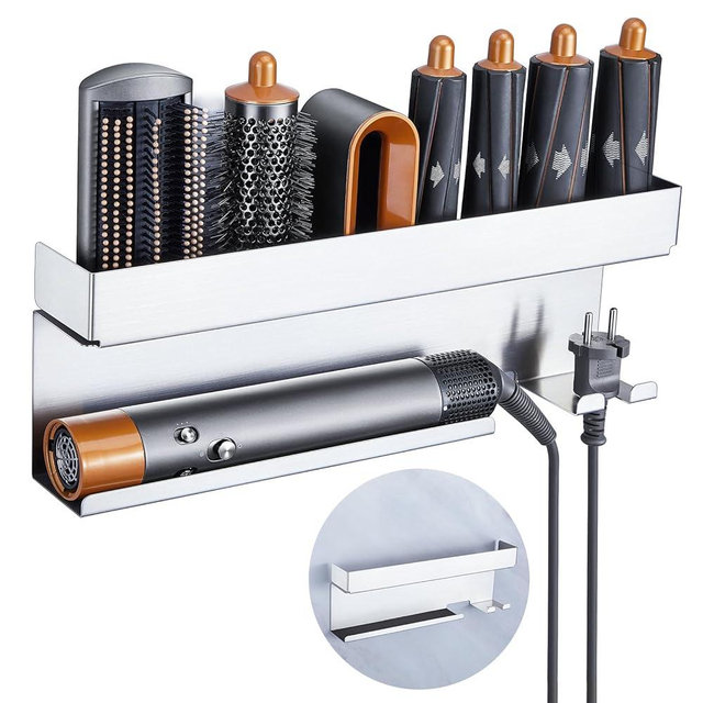 Storage Hair Dryer Holder for Curling Iron Wands Accessories, Hair Straightener Holder, Wall Mount Hair Tool Organizer for Styler Attachments, Curling Iron Holder Organizer for Bathroom, Silver