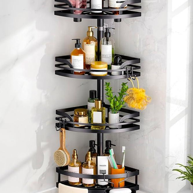 HAMITOR Shower Caddy Tension Pole: Rustproof Bathroom Corner Shelf for Renters, 47-121inches Adjustable Organizer with Soap Holder-Large Capacity Rack for Shampoo Storage Home Accessory - Black