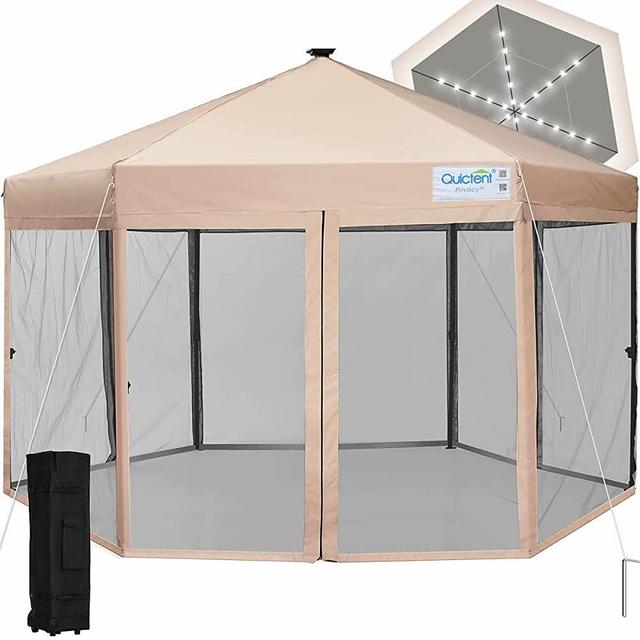 Quictent 13’ X 13’ Hexagonal Gazebo with Solar Powered LED Lights Pop up Canopy Tent with Mosquito Net ,Easy up Screened Canopy Gazebo, Beige