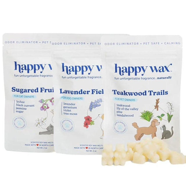 Happy Wax Pet Scents Mix Premium Scented, Non Toxic, Pet Safe, Odor Eliminating, Dye-Free Soy Wax Melts – 6 Total Oz: Lavender Fields for Dogs, Sugared Fruit for Cats and Teakwood Trails for Pets