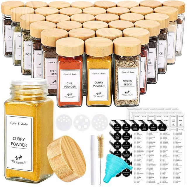 CUCUMI 36pcs 4oz Spice Jars with Labels, Glass Spice Jars with Bamboo Lids, Shaker Lids, Silicone Collapsible Funnel, Waterproof Labels, Test Tube Brush and Chalk Marker