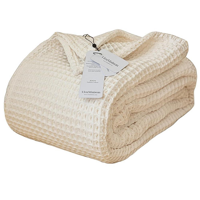 Viva Maison Premium Waffle Throw Blanket Twin Size - Luxury, Pure 100% Turkish Cotton, Light and Airy Waffle Weave All-Season Quilt - Natural Undyed Decorative Bedspread (Natural, Twin 63" x 91" Inch)