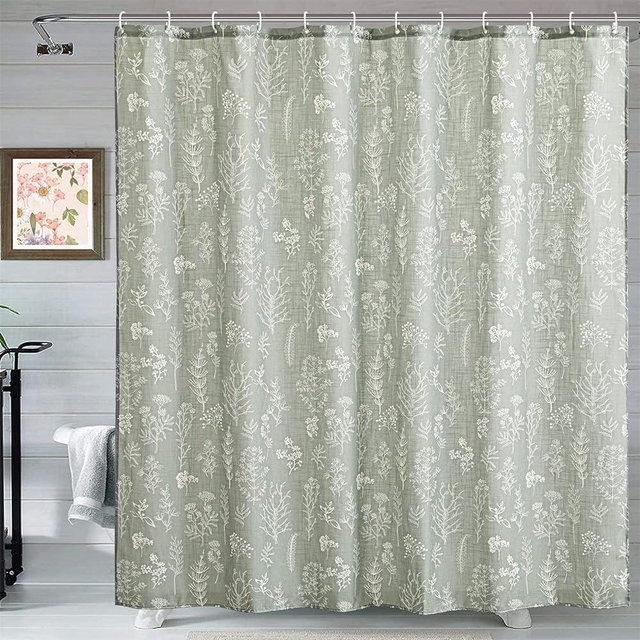 Estmy Sage Green Botanical Linen Shower Curtain Extra Long 84 Inches Long, Spring Summer Boho Plants Leaves Textured Fabric Bathroom Shower Curtain Set Modern Farmhosue Vintage Bathroom Decor