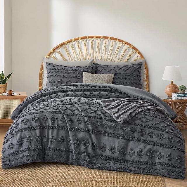 Oli Anderson Grey King Comforter Set Tufted Geometry Bedding Set King 3 Pieces, Boho Shabby Chic Comforter with 2 Pillowcases (Grey,King)